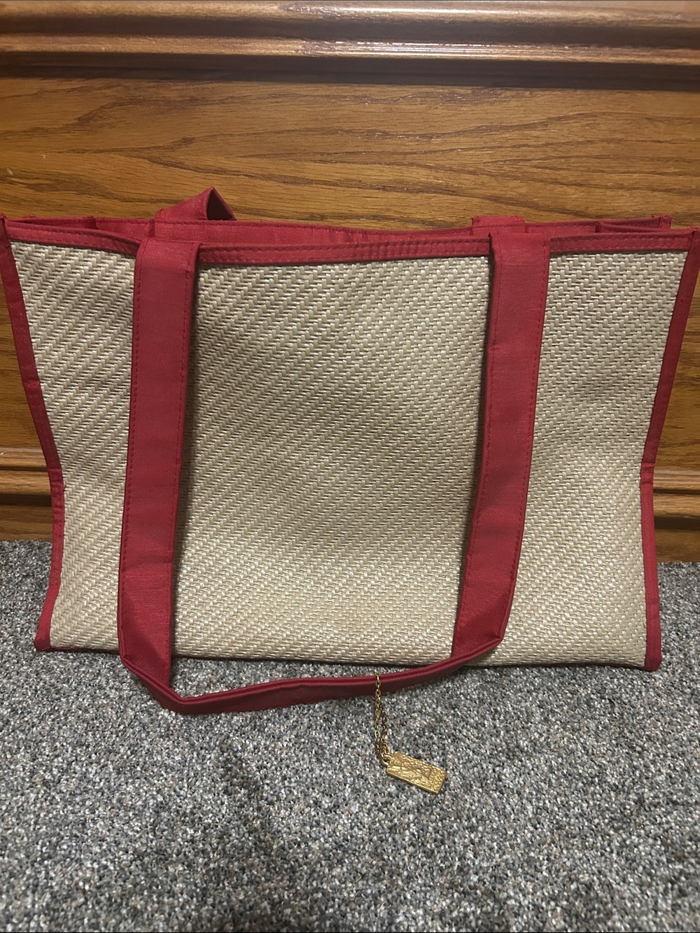 YSL Yves Saint Laurent Beauty Perfume Tote Bag – Woven Straw Look – Burgundy